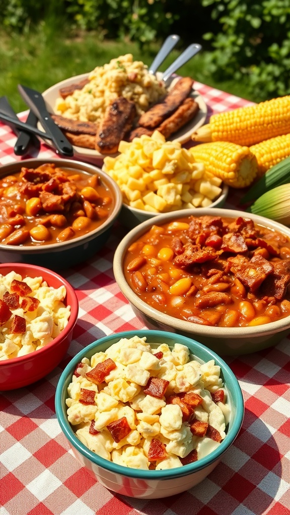 A picnic table with barbecue side dishes including coleslaw, baked beans, potato salad, and grilled corn.